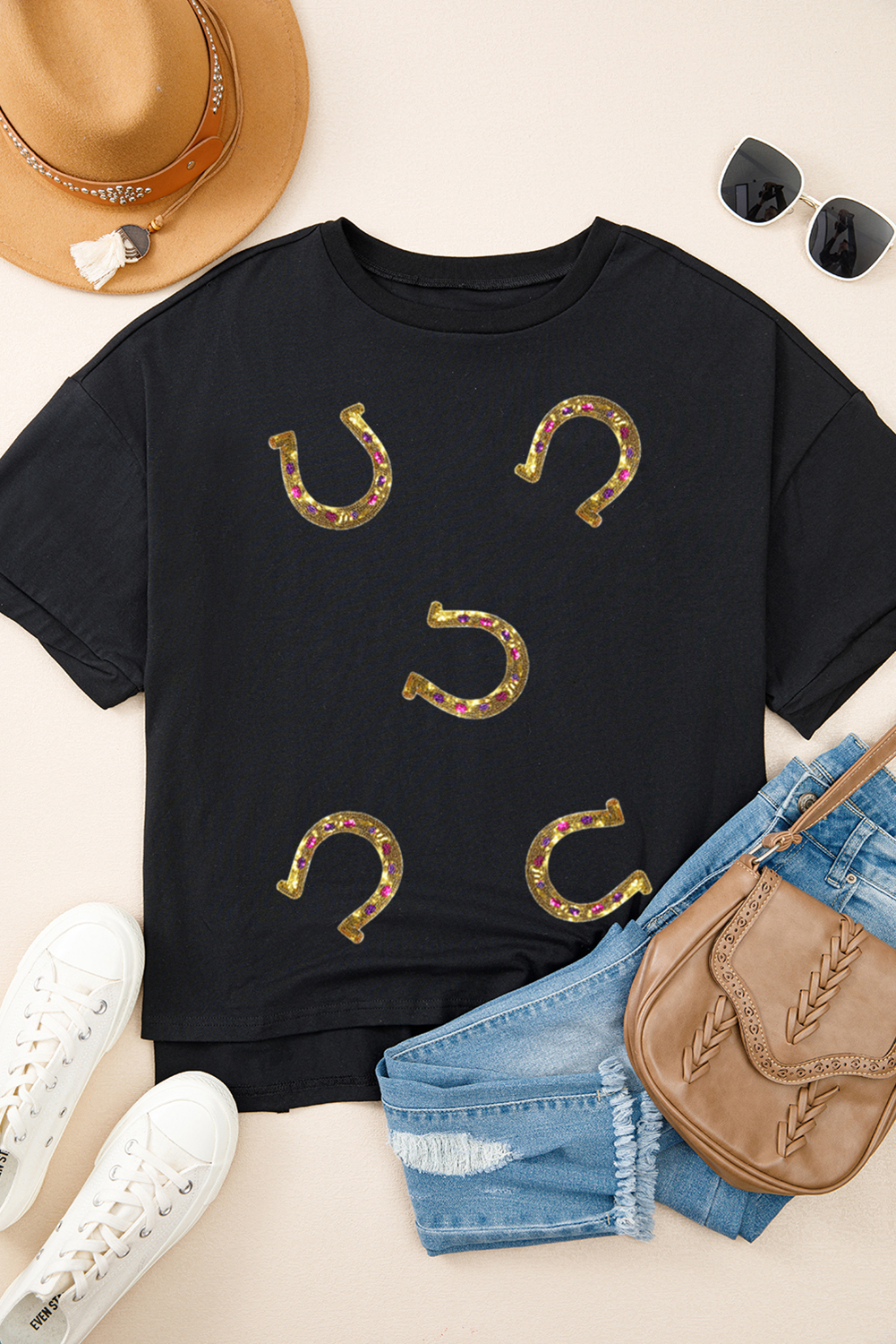 Trendy Black Graphic Tee featuring Fun Western Horseshoe Design - High Low Hem - Detail View 2