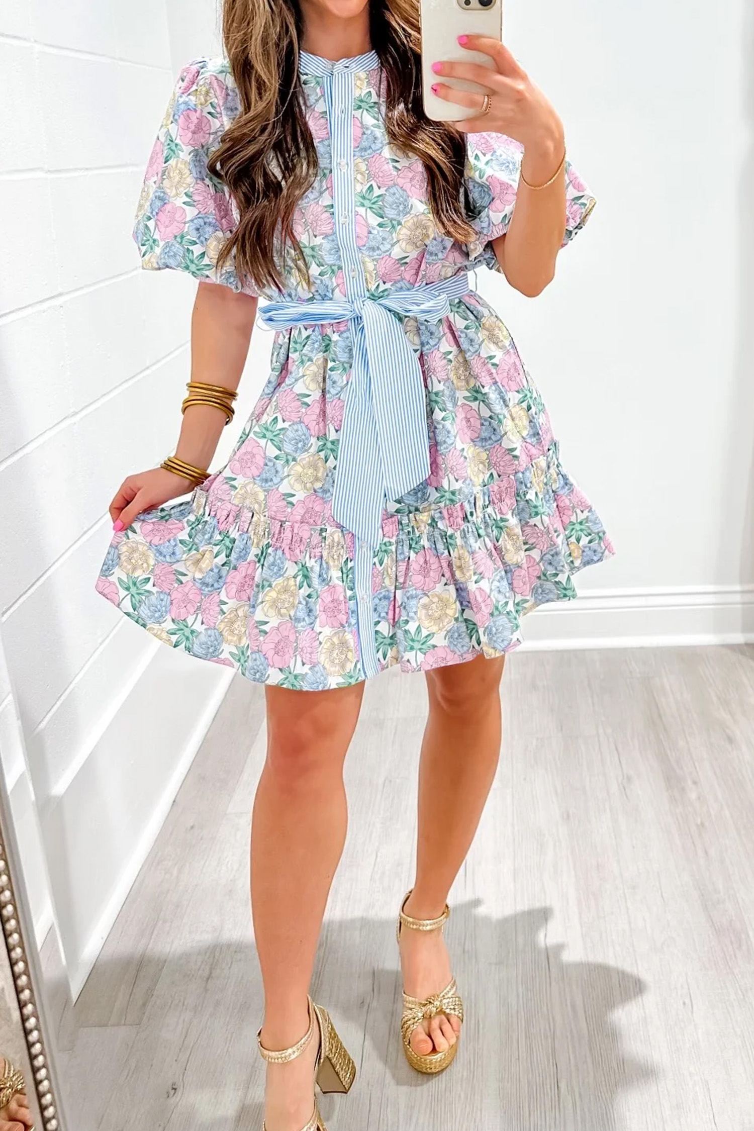 Casual Southern Belle Floral Dress – Women's High Waist Shift Mini with Bow Front Detail - Detail View 5