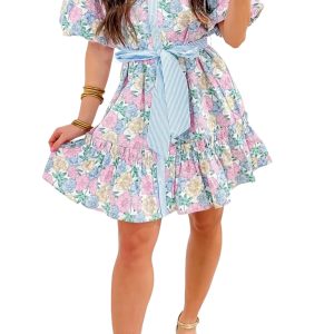 Women's Floral Mini Dress – Striped Contrast Trim, Puff Sleeve Shift Dress for Summer - Main View