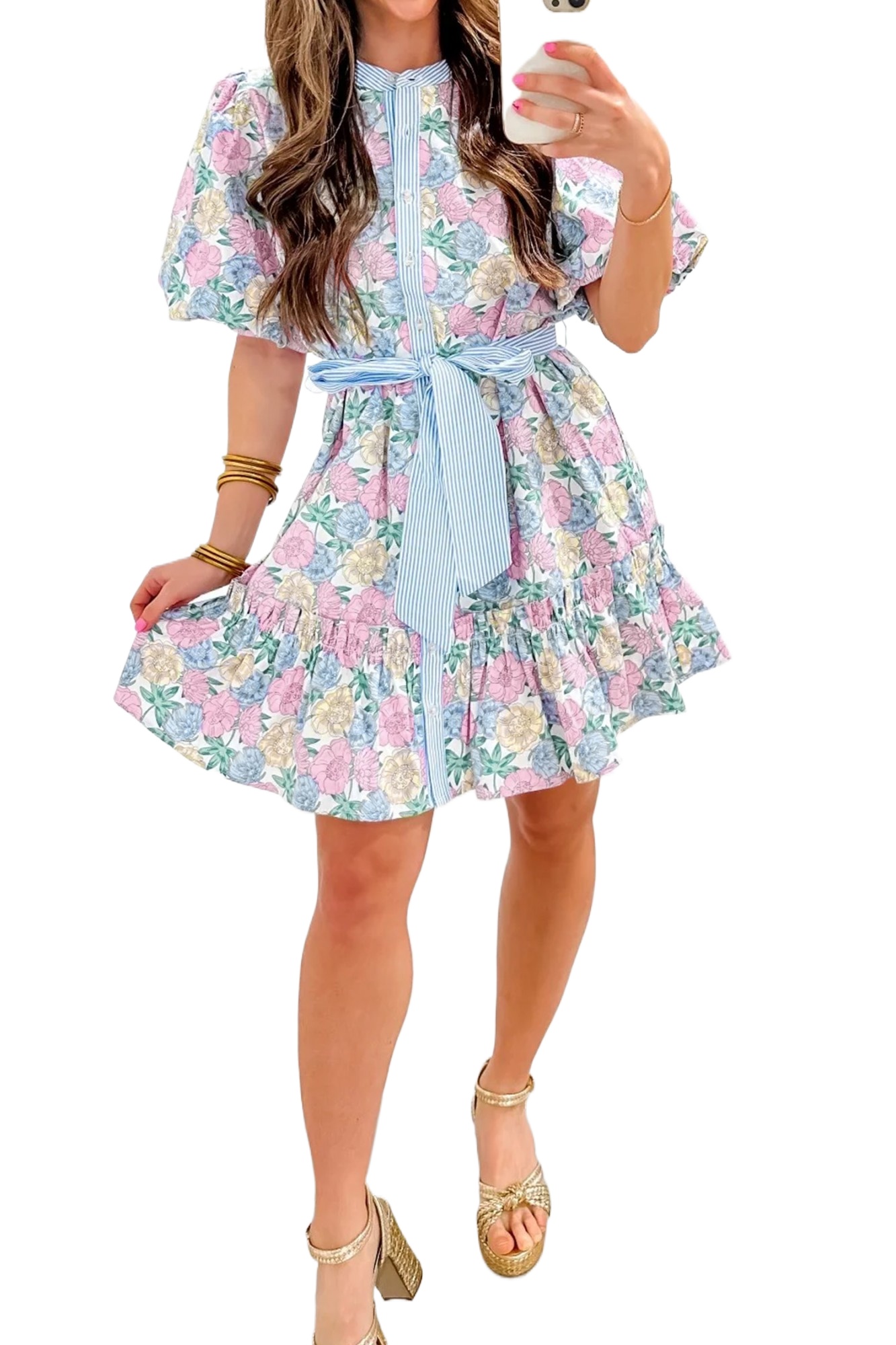 Women's Floral Mini Dress – Striped Contrast Trim, Puff Sleeve Shift Dress for Summer - Main View