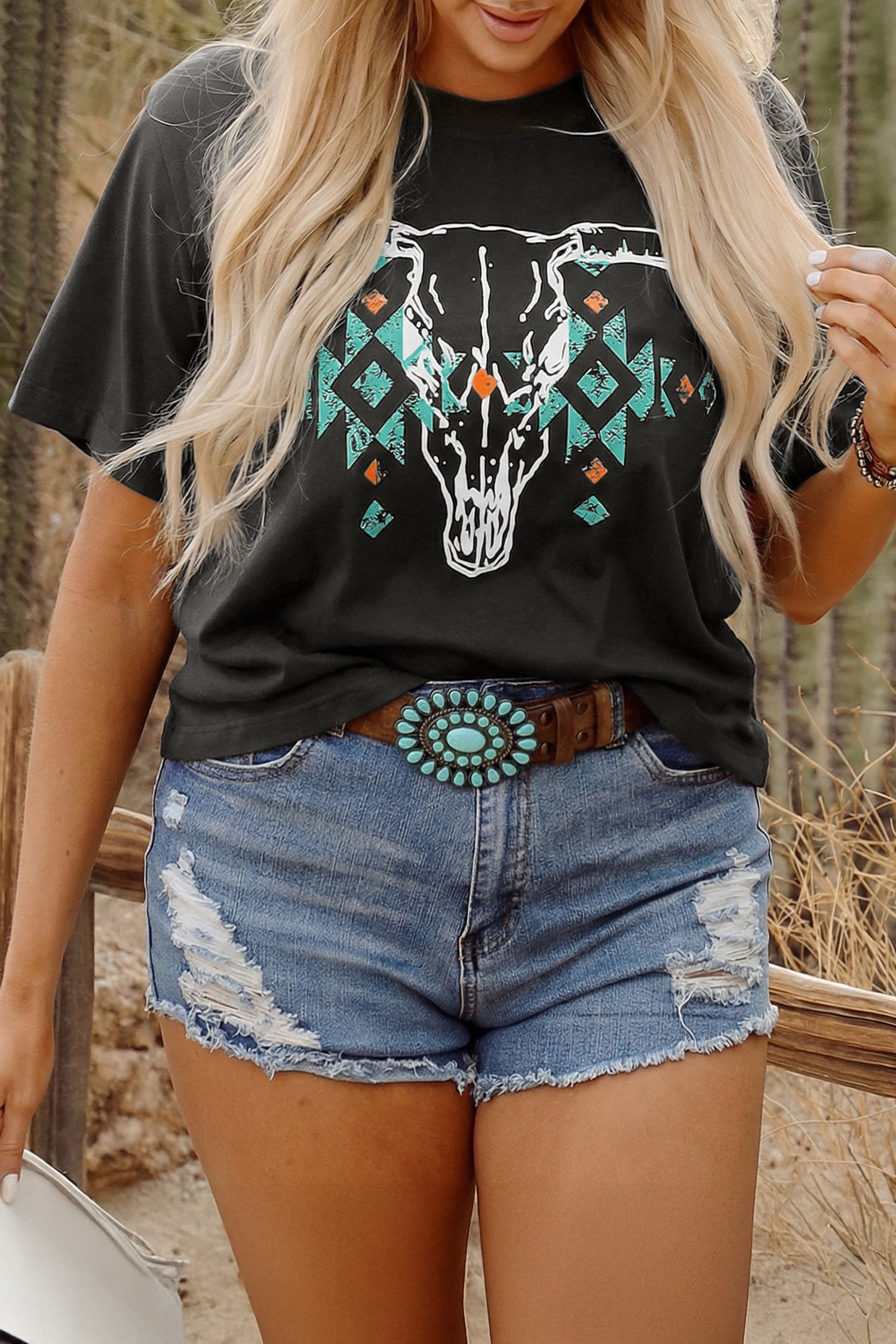 Women's Plus Size Carbon Grey Aztec Bull Skull Tee – Cotton Blend Short Sleeve, Comfortable Summer Gift for Her - Detail View 2