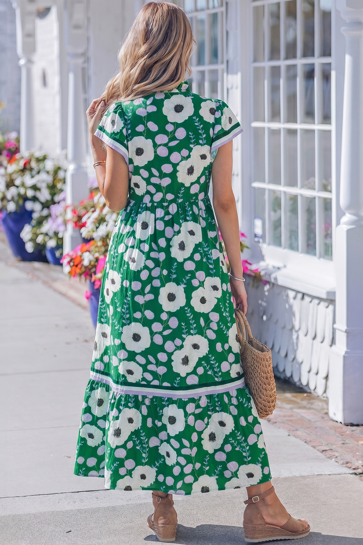 Green Patchwork Floral Maxi Dress for Women – Striped Ruffle Short Sleeve, Casual Summer Vacation Outfit - Detail View 2