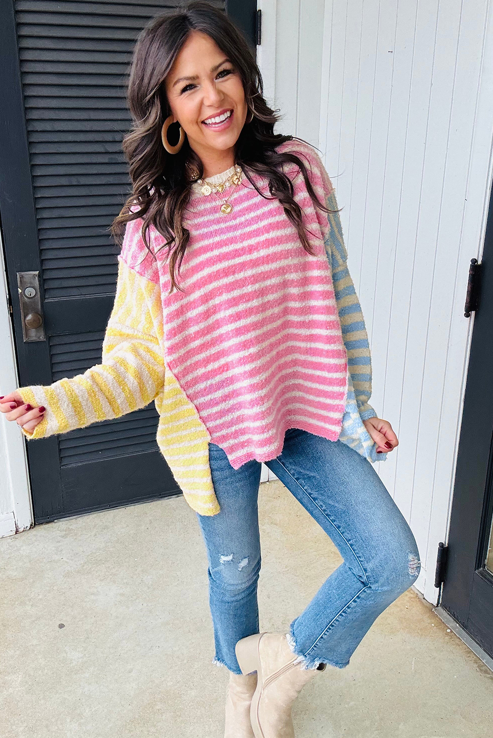 Chic Multicolor Sweater with Dolman Sleeves - Perfect for Daily Wear in Autumn - Detail View 15