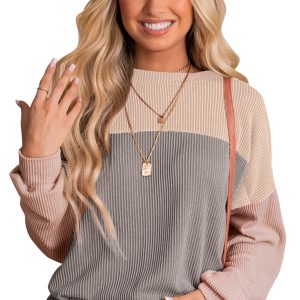 Women's Multicolor Color Block Long Sleeve Ribbed Casual Top - Main View