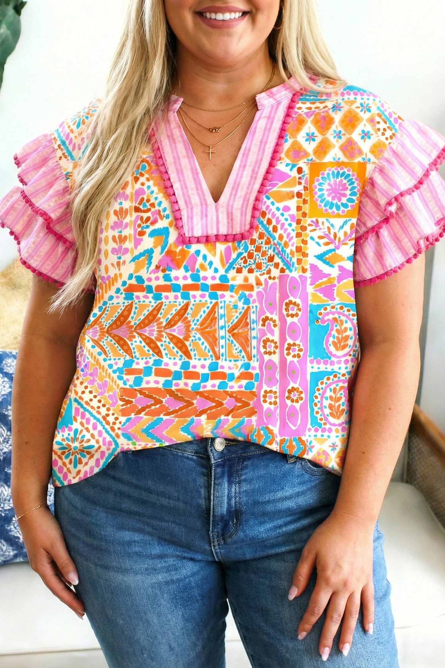 Chic Geometric V-Neck Women's Top – Contrast Trim Ruffled Short Sleeve Blouse for Gifting - Detail View 3