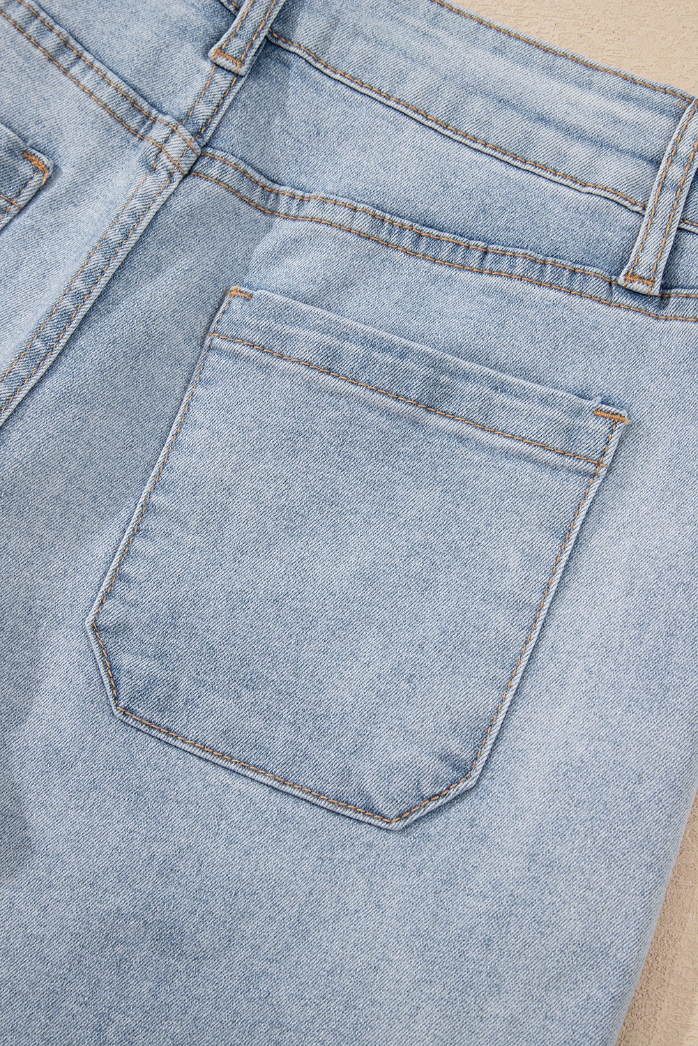 Women's Denim Shorts, High Rise, Light Wash, Casual Style, Breathable Fabric, Elastic Material, Flattering Fit, Summer Wear, Patched Pockets, Versatile, Comfortable, Solid Pattern, Denim Bottoms - Detail View 12