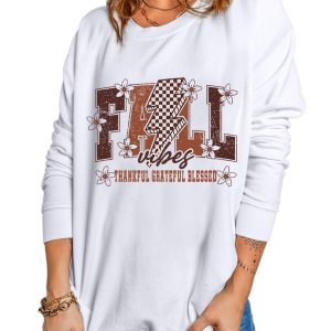 Women's White Fall Thankful Graphic Drop Shoulder Sweatshirt - Cozy Autumn Vibes - Main View