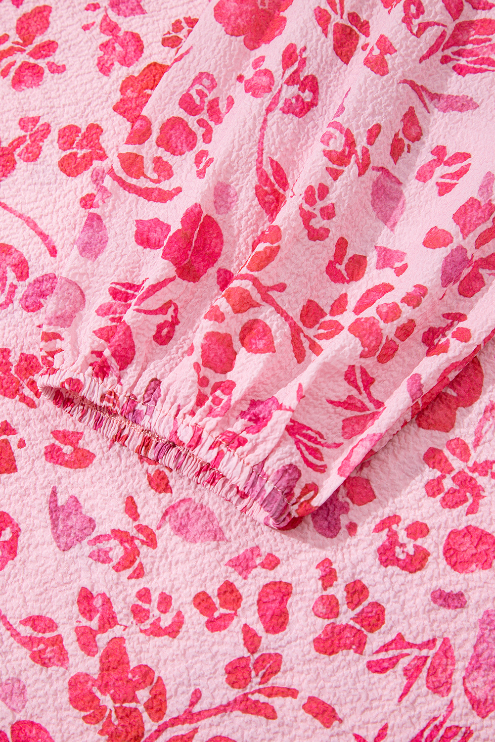 Women's Blouse, Pink Floral, Puff Sleeve, Split Neck, Lightweight, Comfortable, Spring Fashion, Elegant Style, Daily Wear, Breathable Fabric, V Neck, Trendy Top, Tops & Blouses - Detail View 8