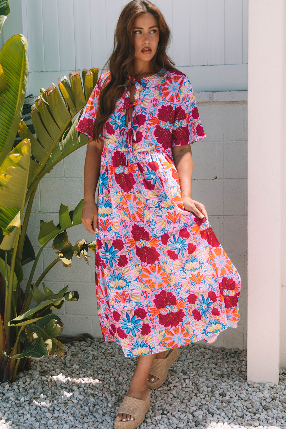 Women's Rose Floral Tied Front High Waist Maxi Dress - Short Sleeve Loose Fit - Detail View 5
