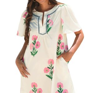 Women's Apricot Floral Short Sleeve Mini Dress with Split Neck and Contrast Trim - Main View