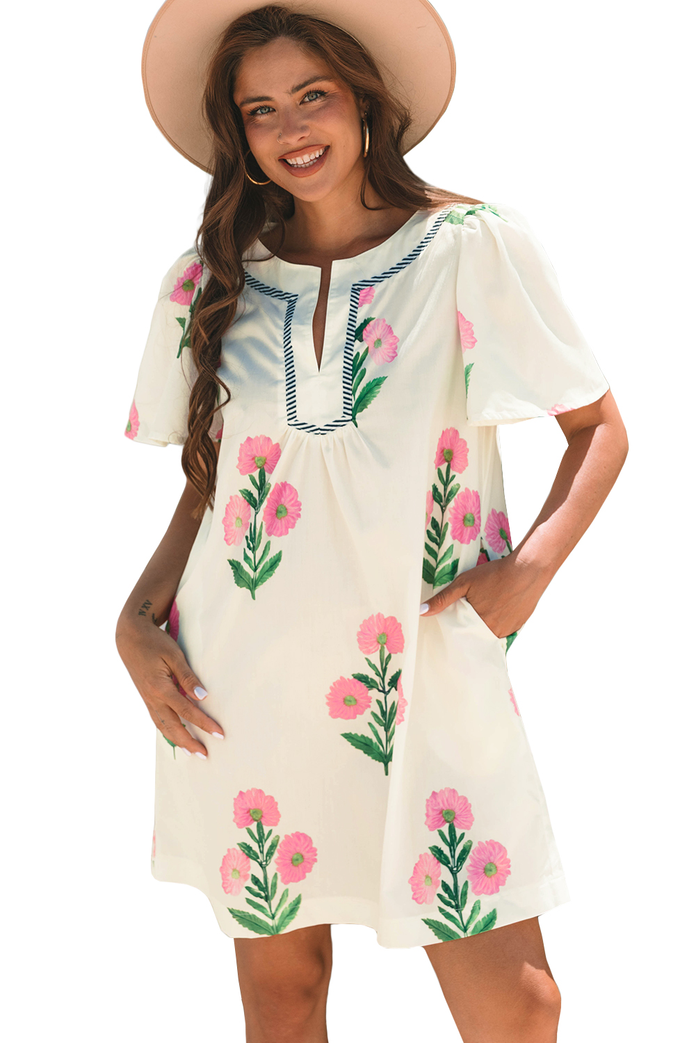 Women's Apricot Floral Short Sleeve Mini Dress with Split Neck and Contrast Trim - Main View
