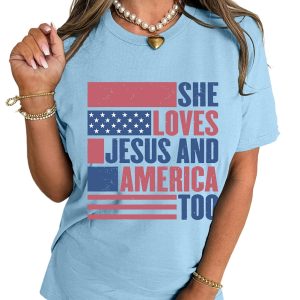 Women's Light Blue 'SHE LOVES JESUS AND AMERICA TOO' Flag Graphic T-Shirt - Main View