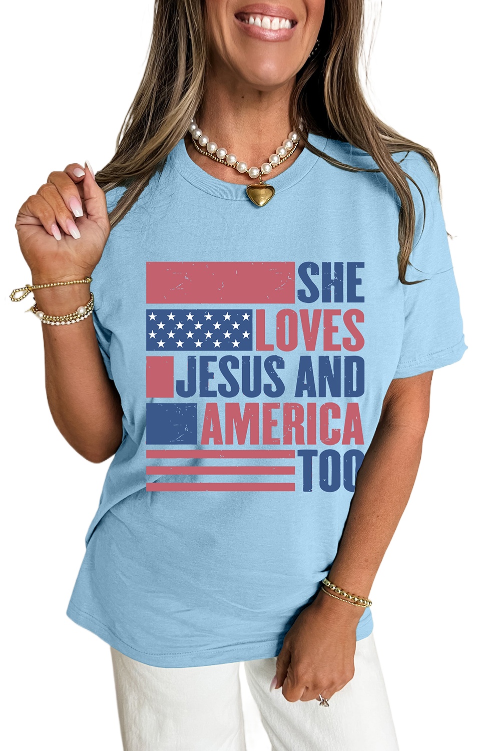 Women's Light Blue 'SHE LOVES JESUS AND AMERICA TOO' Flag Graphic T-Shirt - Main View