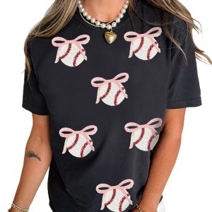 Women's Black Shimmering Sequin Bow Ball Patterned Casual Game Day Tee - Main View