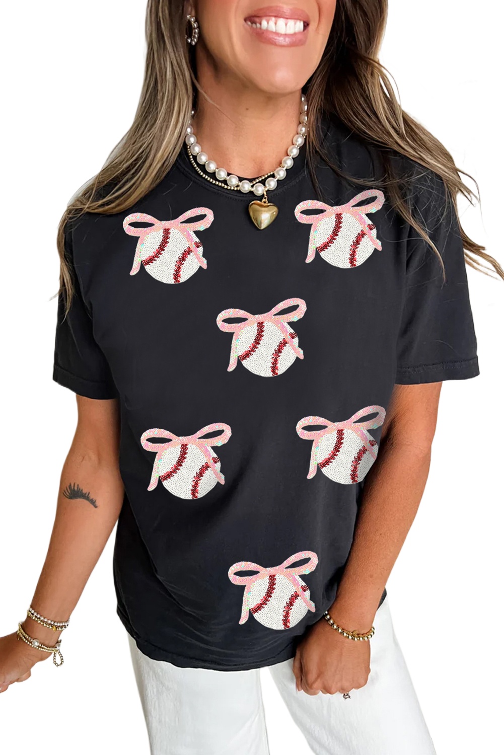 Women's Black Shimmering Sequin Bow Ball Patterned Casual Game Day Tee - Main View