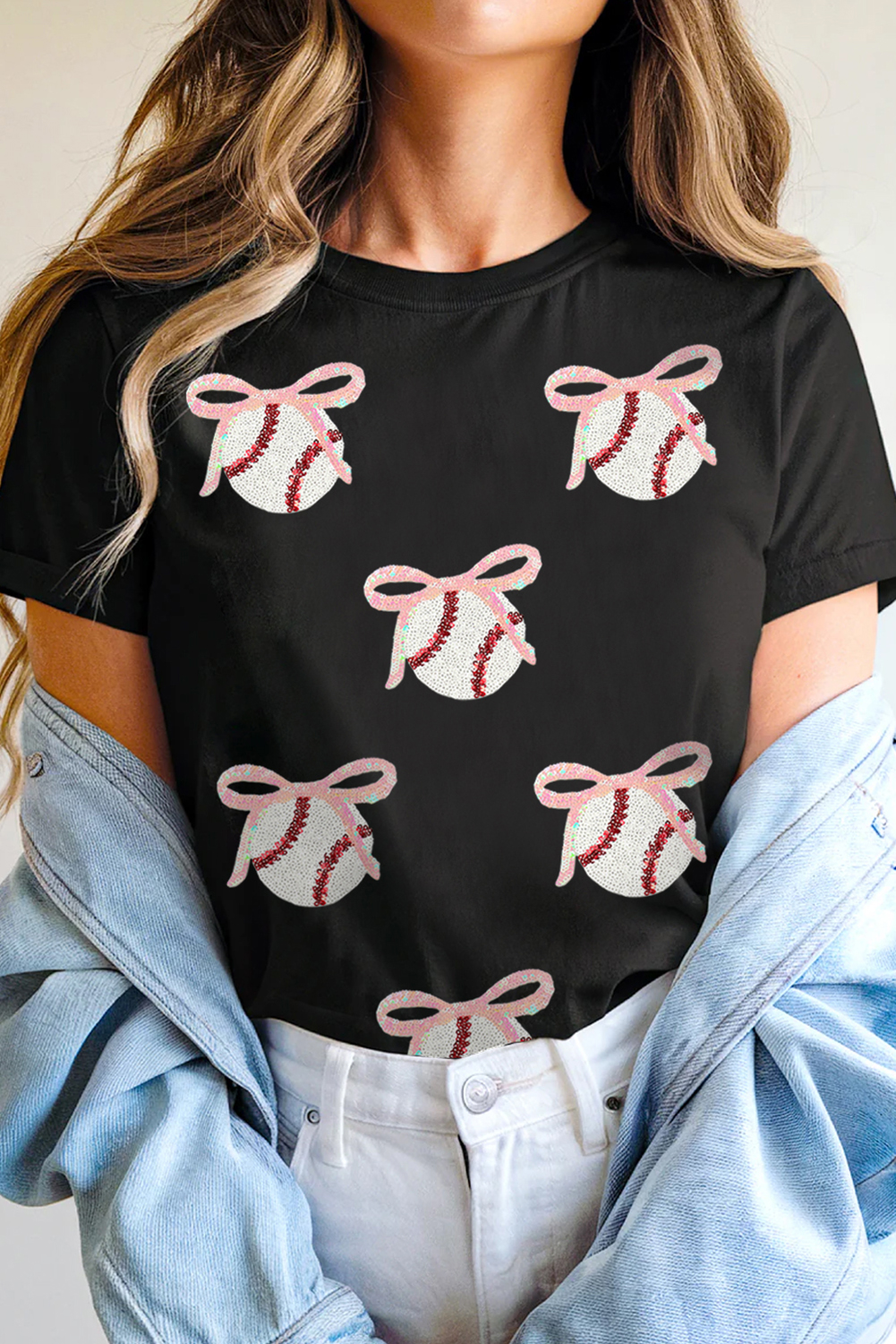 Stylish Graphic T-Shirt with Sequins and Bow Ball Design for Game Day - Detail View 6