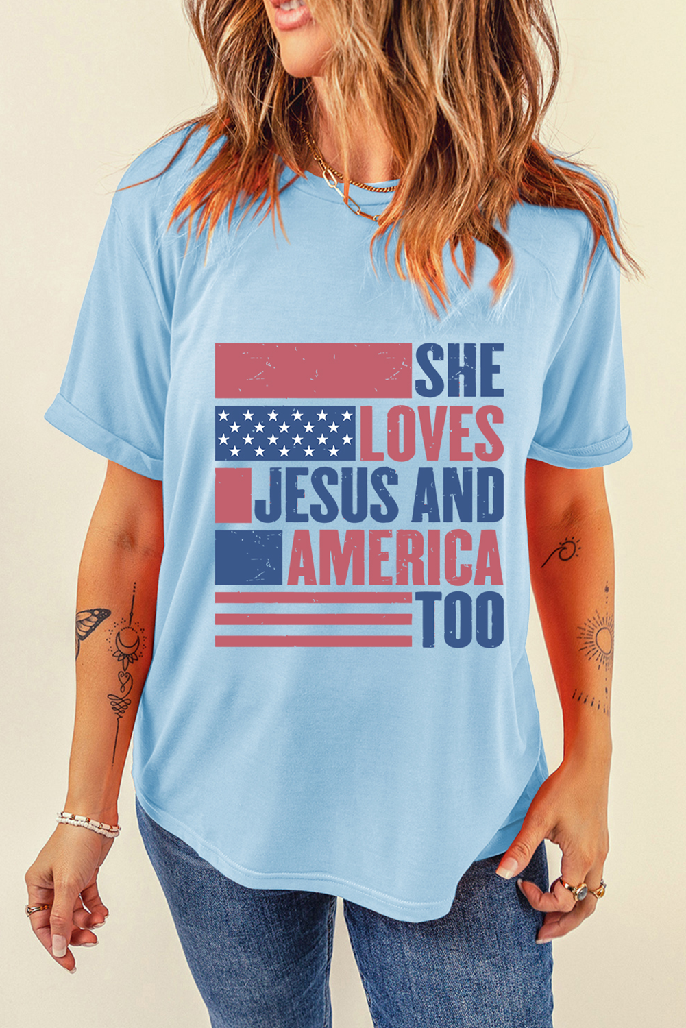 Women's Graphic T-Shirt, Light Blue, SHE LOVES JESUS AND AMERICA TOO, Patriotic Shirt, Flag Design, Casual Wear, Daily T-Shirt, Comfortable Fit, Crew Neck, Summer Style, Durable Material, Short Sleeve, Shift Silhouette, Inspirational Slogan - Detail View 8
