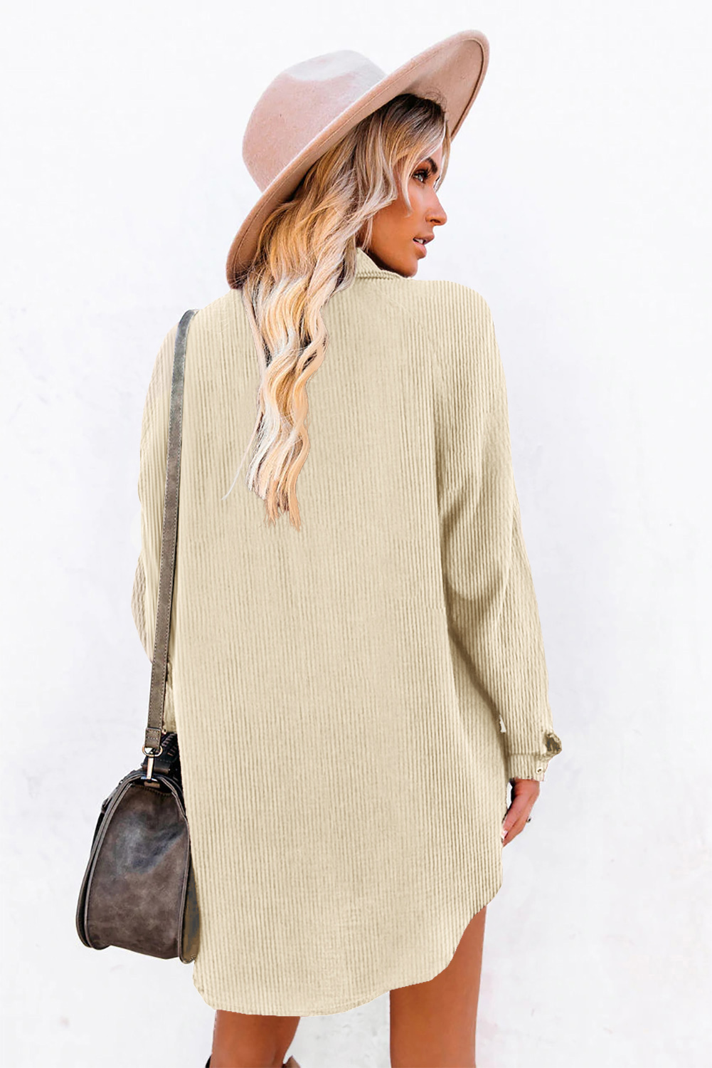 Chic Western-Inspired Shift Dress - Full Button Closure in Cozy Corduroy - Detail View 3