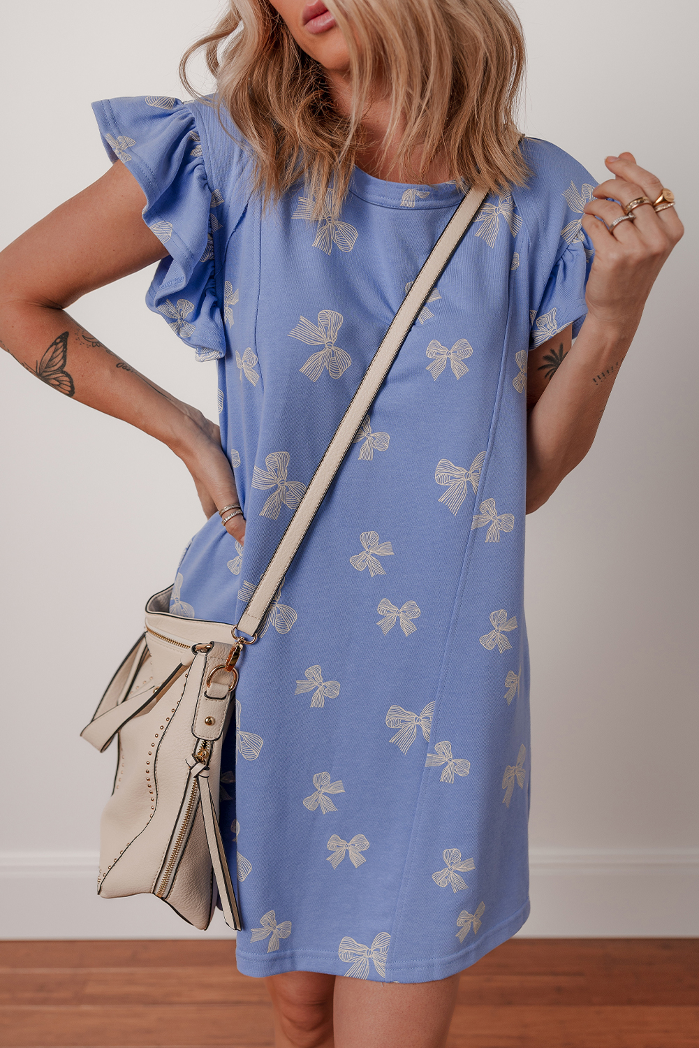 Trendy Sky Blue Mini Dress - Ruffle Sleeves and Bow Knot Design for Casual Outings - Detail View 6