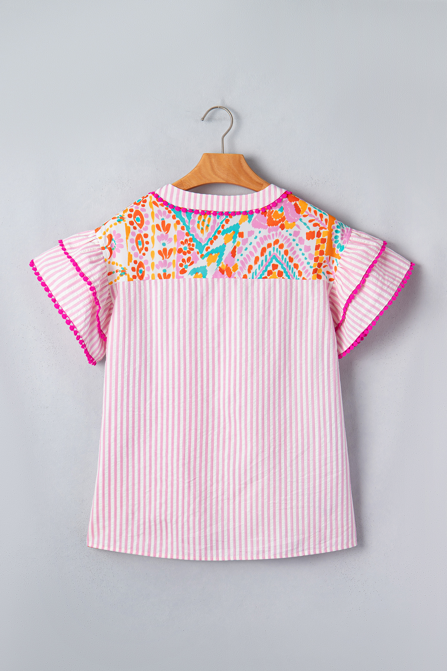 Casual Rose Round Neck Blouse for Women – Bohemian Style Striped Patchwork Tee for Summer - Detail View 5