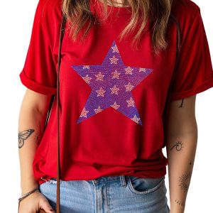 Women's Patriotic Red Rhinestone Star Pattern Independence Day T-Shirt - Main View