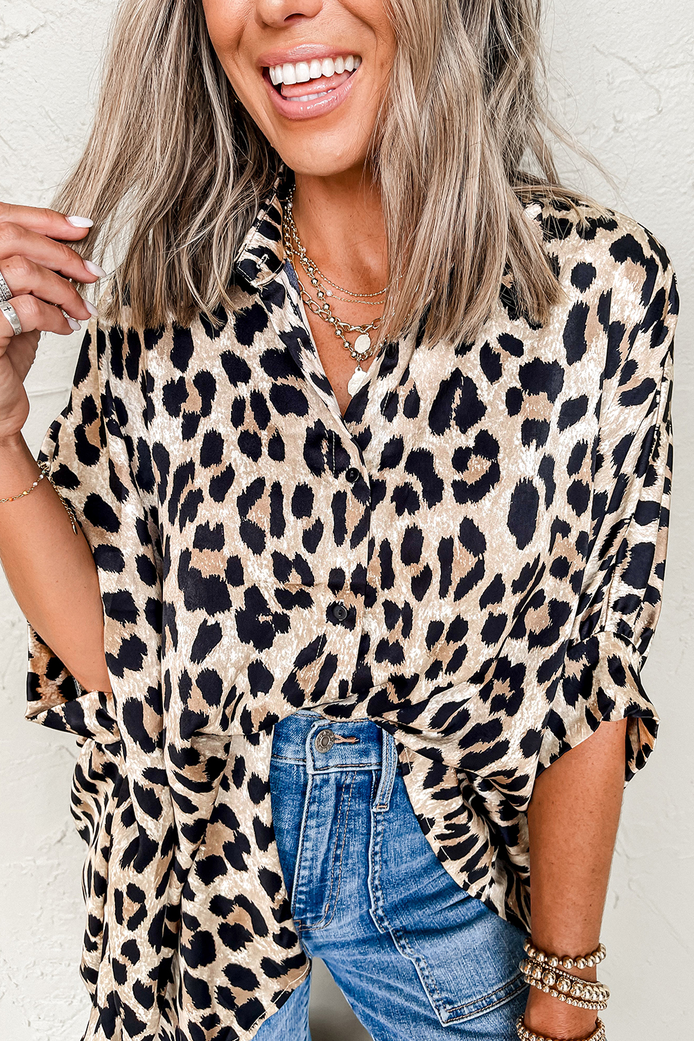 Women's Shirt, Beige Leopard Print, 3/4 Sleeve, Buttoned Shirt, Loose Fit, Casual Style, Lightweight Fabric, Western Style, Daily Wear, Summer Fashion, Soft Material, Trendy Tops, Blouses & Shirts - Detail View 12