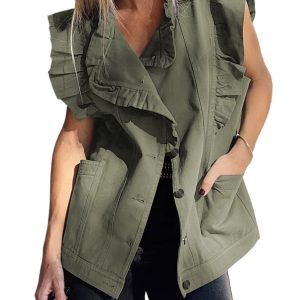 Women's Green Bay Ruffled Patchwork Denim Jacket Vest - Casual & Stylish - Main View