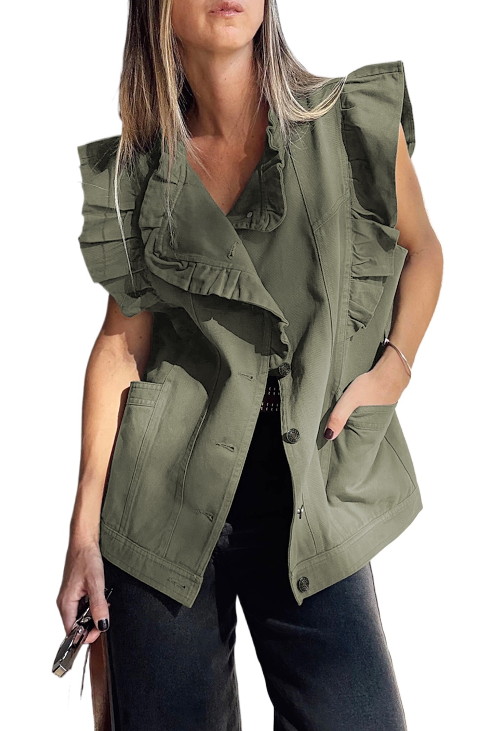 Women's Green Bay Ruffled Patchwork Denim Jacket Vest - Casual & Stylish - Main View