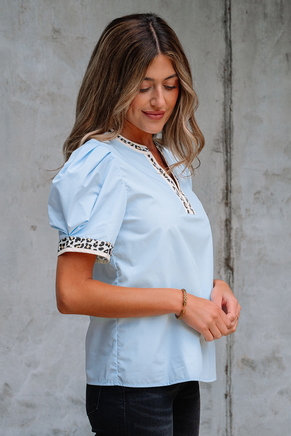 Unique Puff Sleeve Summer Blouse - Breathable Cotton Blend with Leopard Detail - Detail View 3