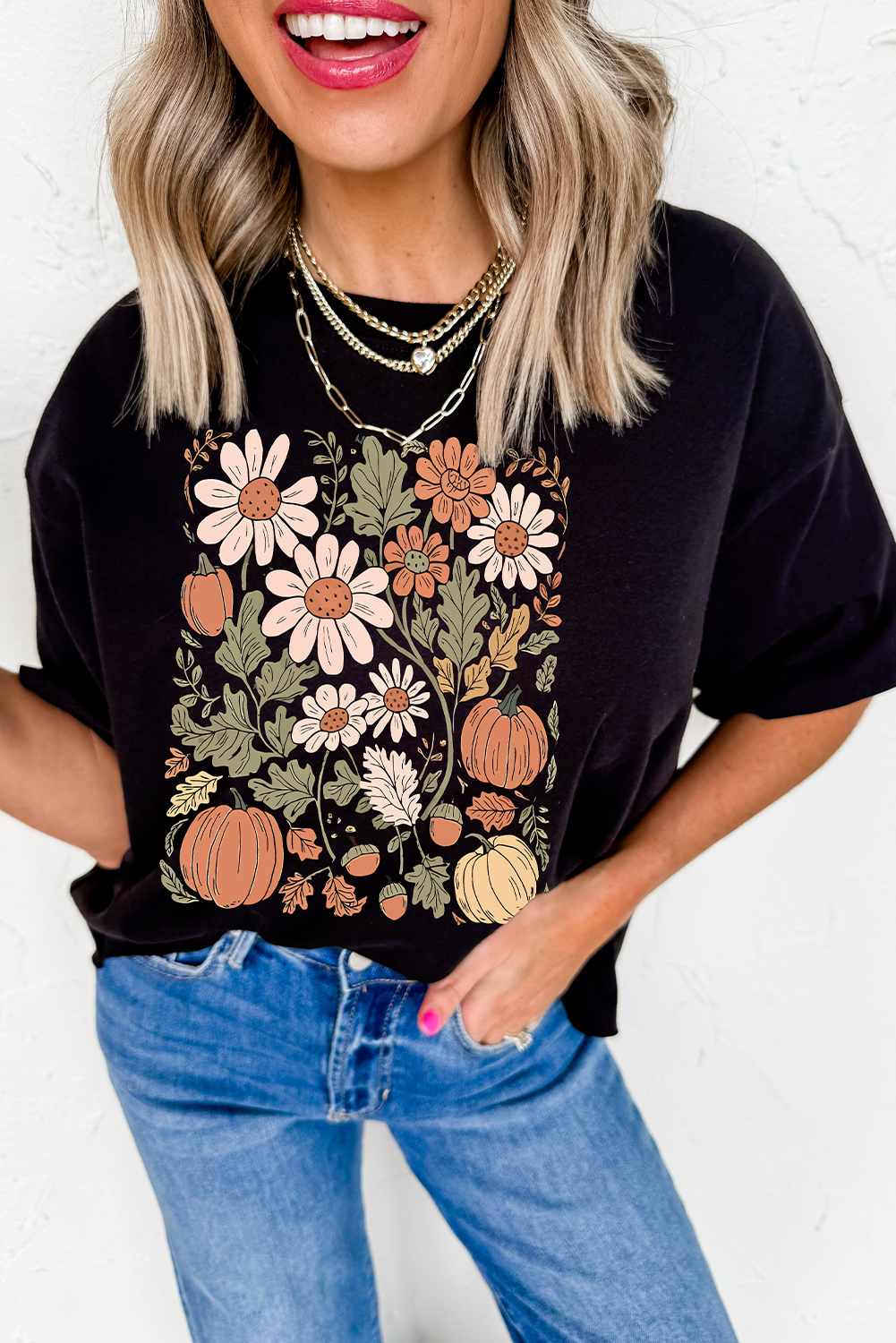 Women's Black Wild Flower Pumpkin Graphic T-Shirt for Fall - Detail View 5
