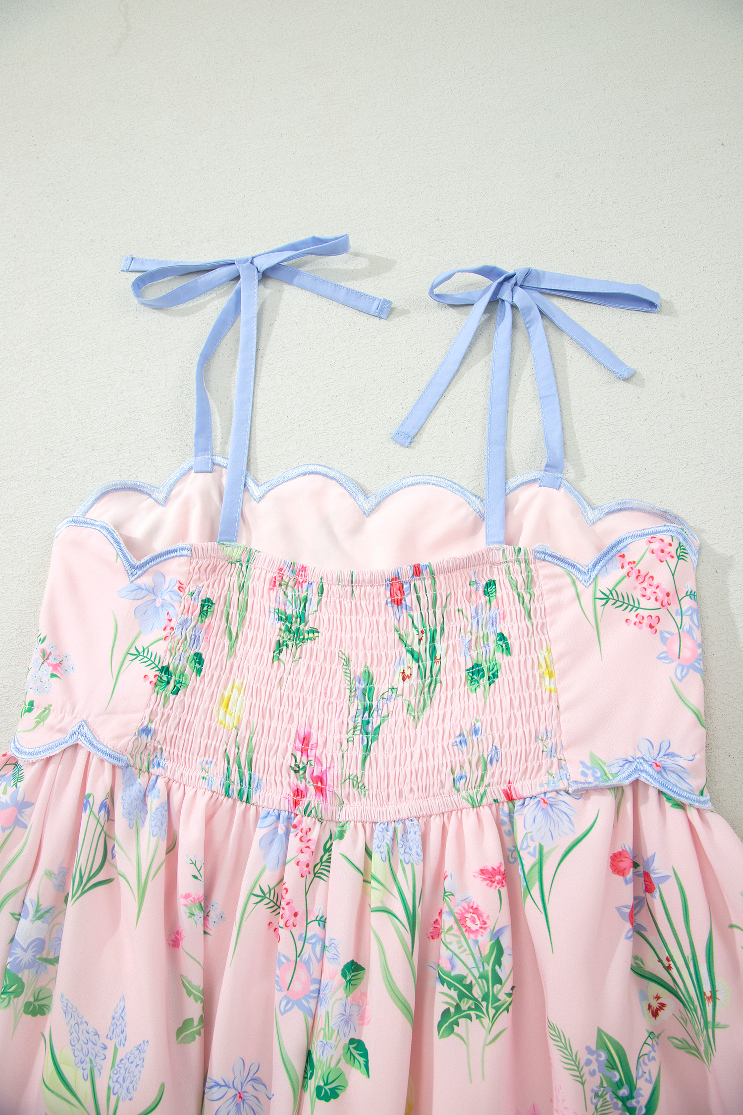 Floral Print A-Line Dress for Women – Elegant Pink Wedding Guest Dress with Self-Tie Straps - Detail View 8