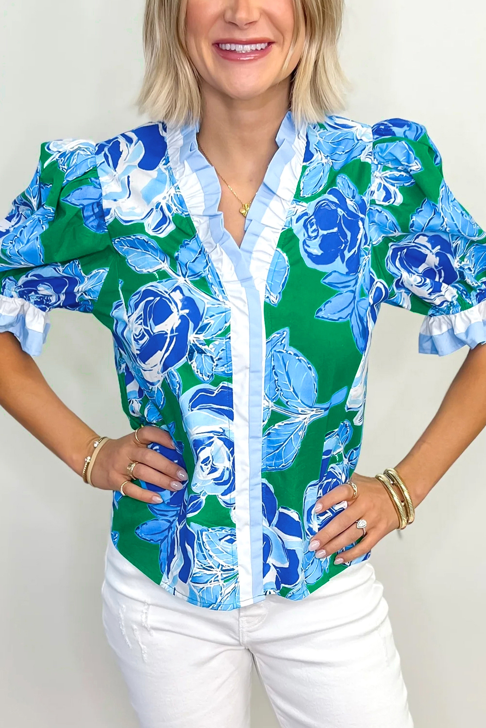 Women's Bright Green Floral Frilled V Neck Short Sleeve Blouse Top - Detail View 5