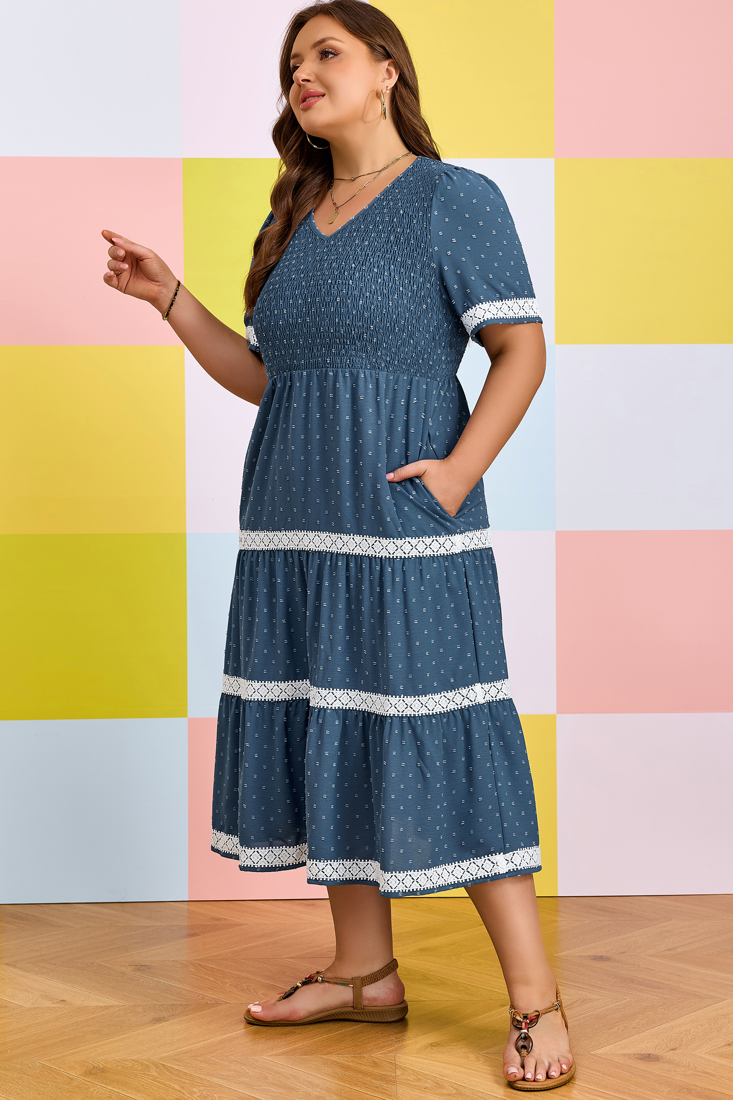 Chic Swiss Dot V Neck Midi Dress for Women – Casual Short Sleeve High Waist Shift Dress with Lace Detail - Detail View 2