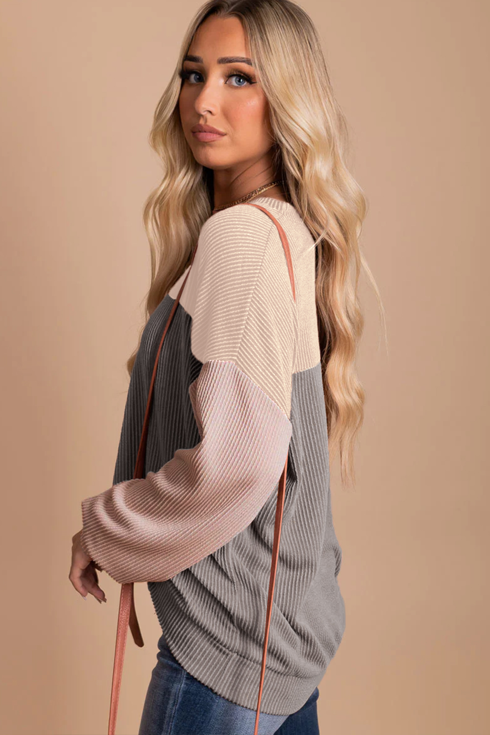 Women's Multicolor Color Block Long Sleeve Ribbed Casual Top - Detail View 5