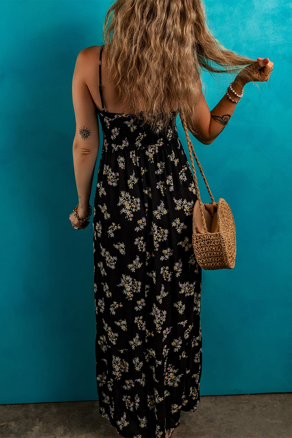 Bohemian Style Black Floral Maxi Dress - Adjustable Straps and Smocked Bodice - Detail View 2