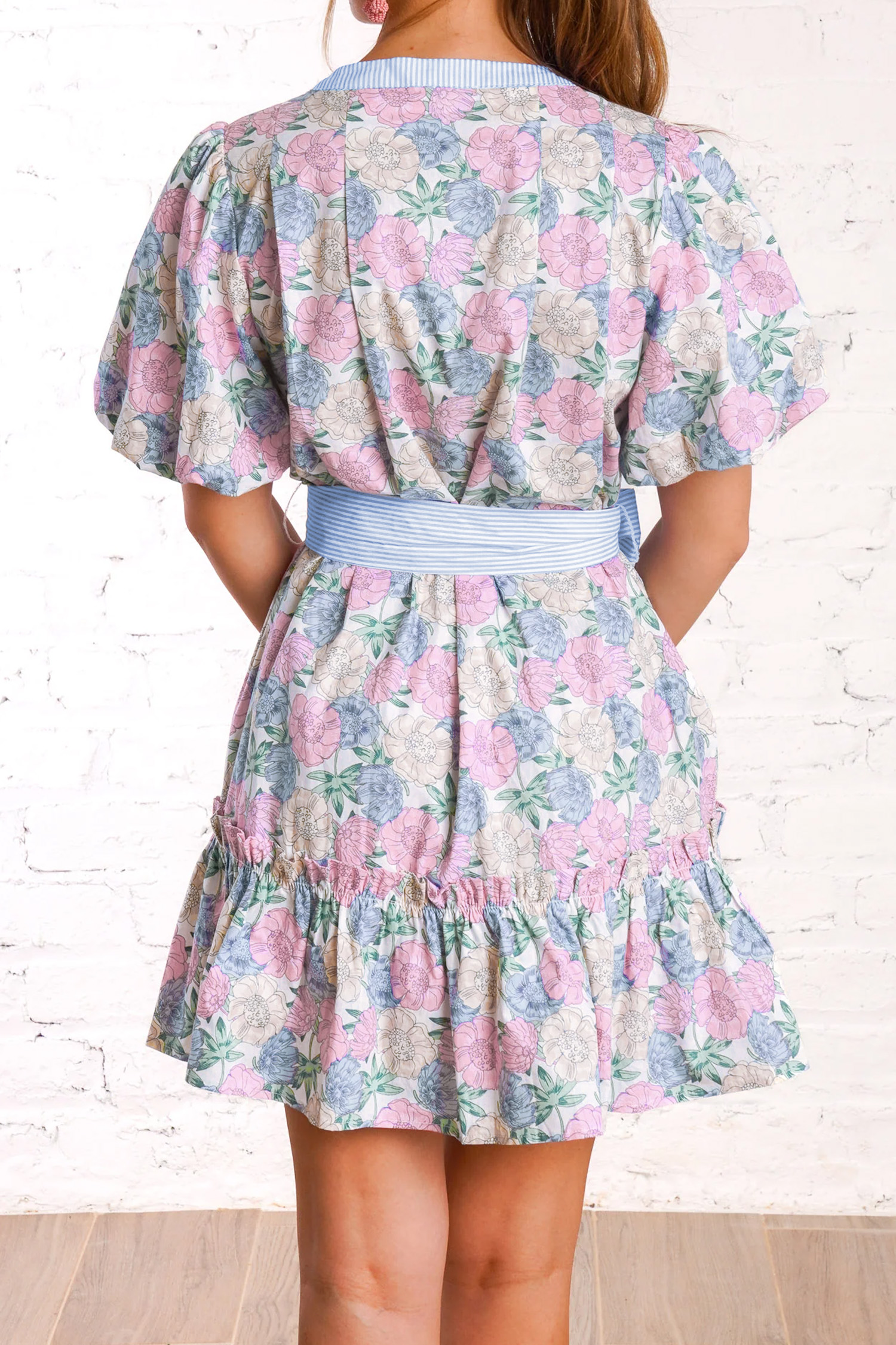 Chic Floral Summer Dress for Women – Striped Trim Puff Sleeve Mini, Versatile Daily Outfit - Detail View 3