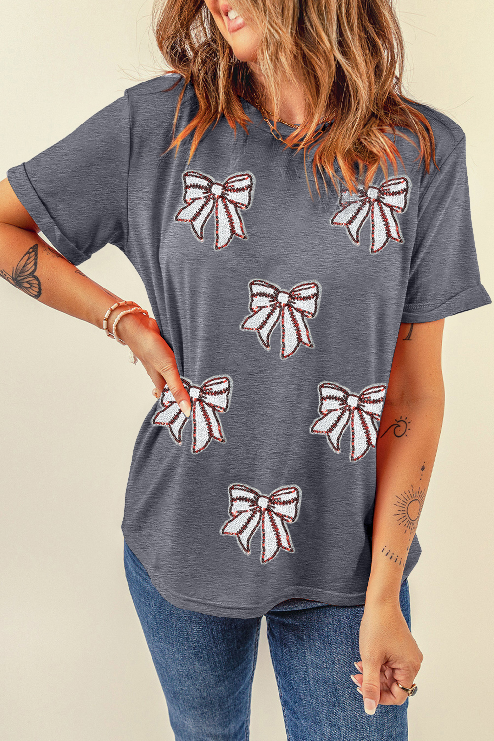 Women's Gray Sequin Bow Baseball Graphic Tee - Casual Summer Top - Detail View 9