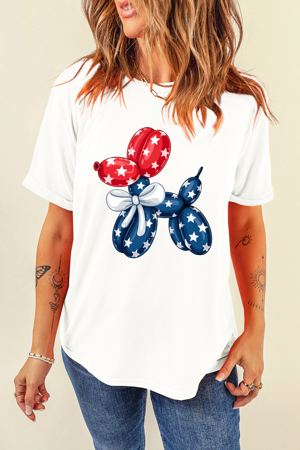 Women's Casual White Balloon Dog Graphic T-Shirt - American Flag Inspired - Detail View 9