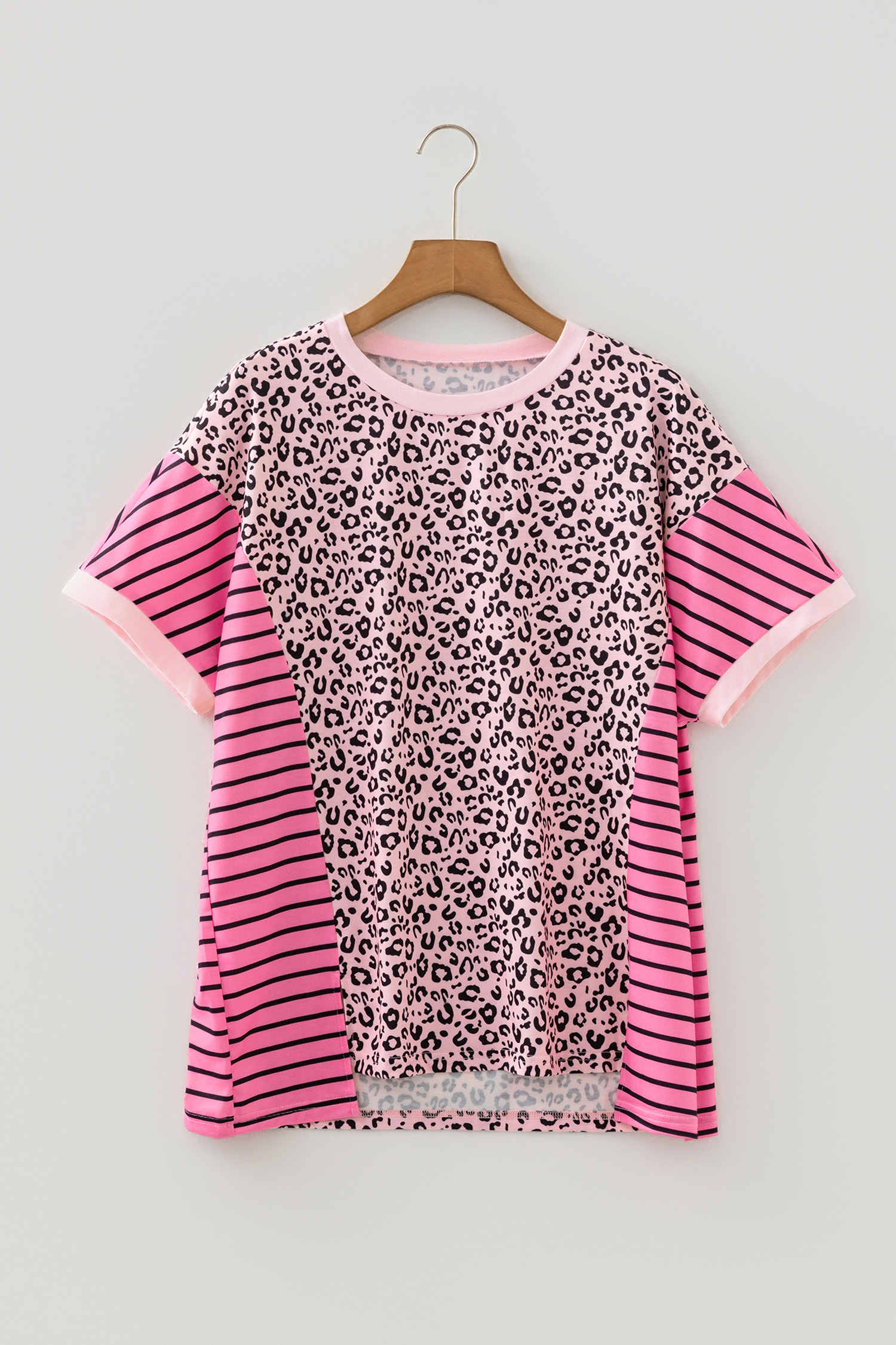 Casual Pink Leopard Striped T-Shirt for Women – Comfortable Round Neck Shift Tee - Detail View 11