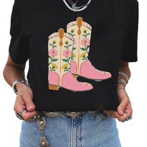 Women's Black Floral Cowgirl Boots Graphic Tee - Western Style Casual T-Shirt - Main View