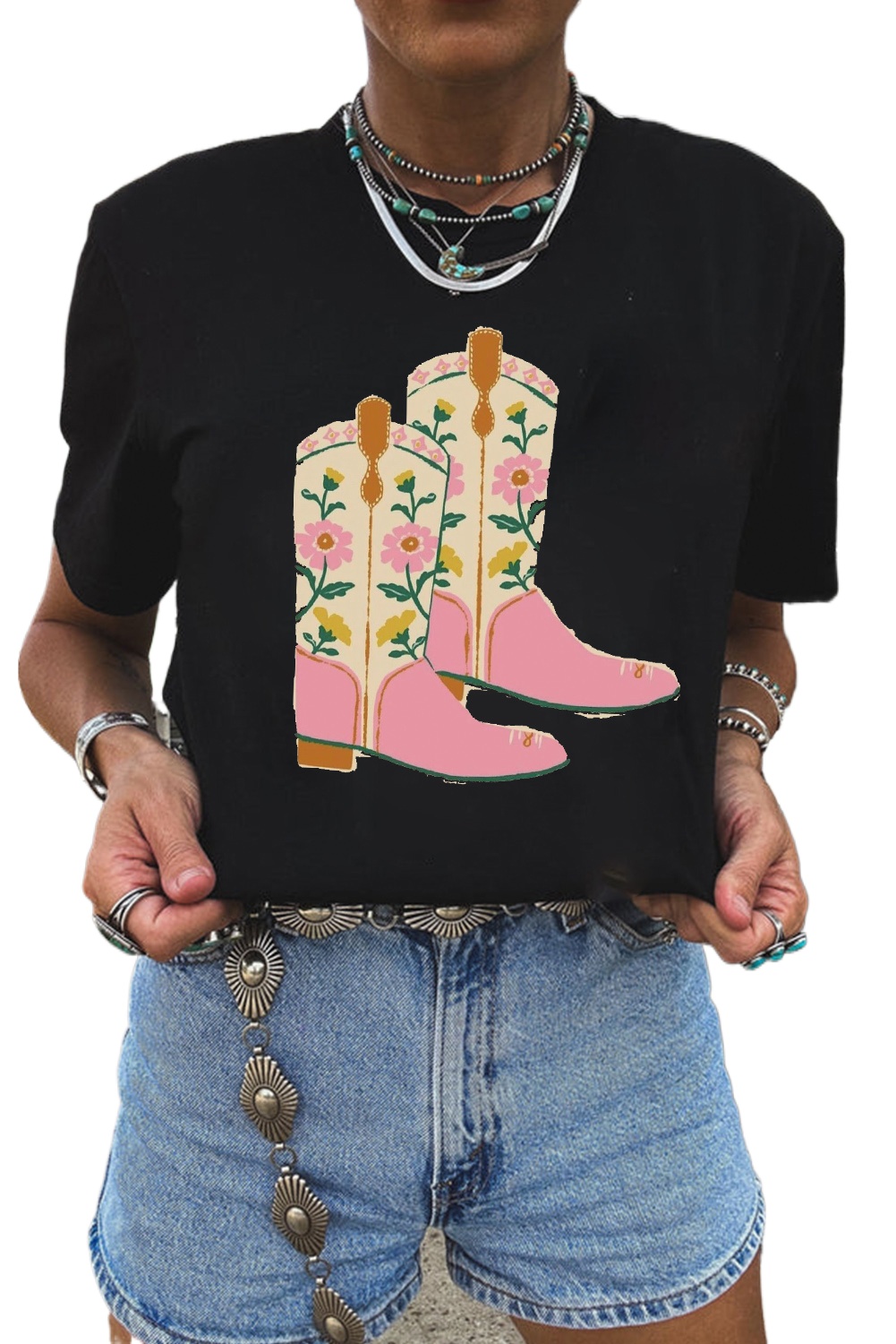 Women's Black Floral Cowgirl Boots Graphic Tee - Western Style Casual T-Shirt - Main View
