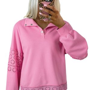 Women's Bonbon Pink Embroidered Flower Patchwork Pullover Sweatshirt with Snap Buttons - Main View