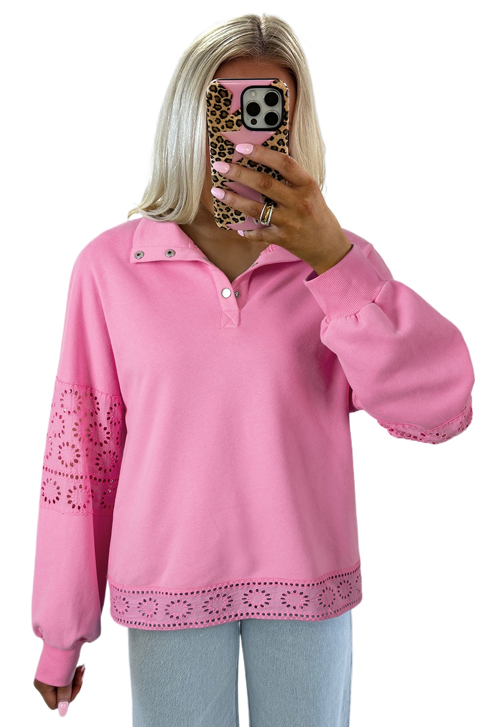 Women's Bonbon Pink Embroidered Flower Patchwork Pullover Sweatshirt with Snap Buttons - Main View