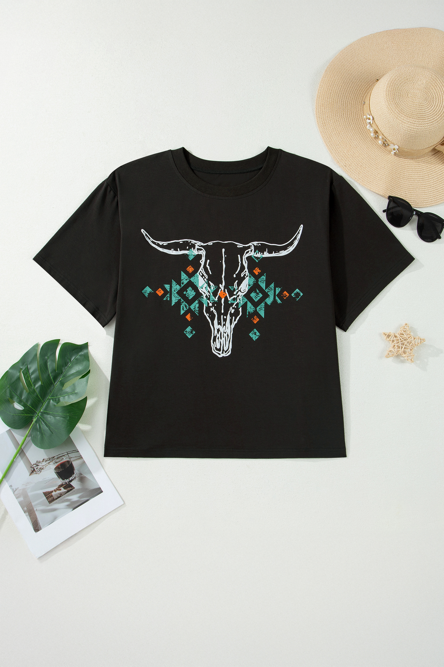 Plus Size Women's Carbon Grey Western T-Shirt – Aztec Bull Skull Print, Short Sleeve Round Neck for Summer Daily Wear - Detail View 10