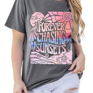 Women's Gray 'FOREVER CHASING SUNSETS' Graphic Summer T-Shirt - Main View
