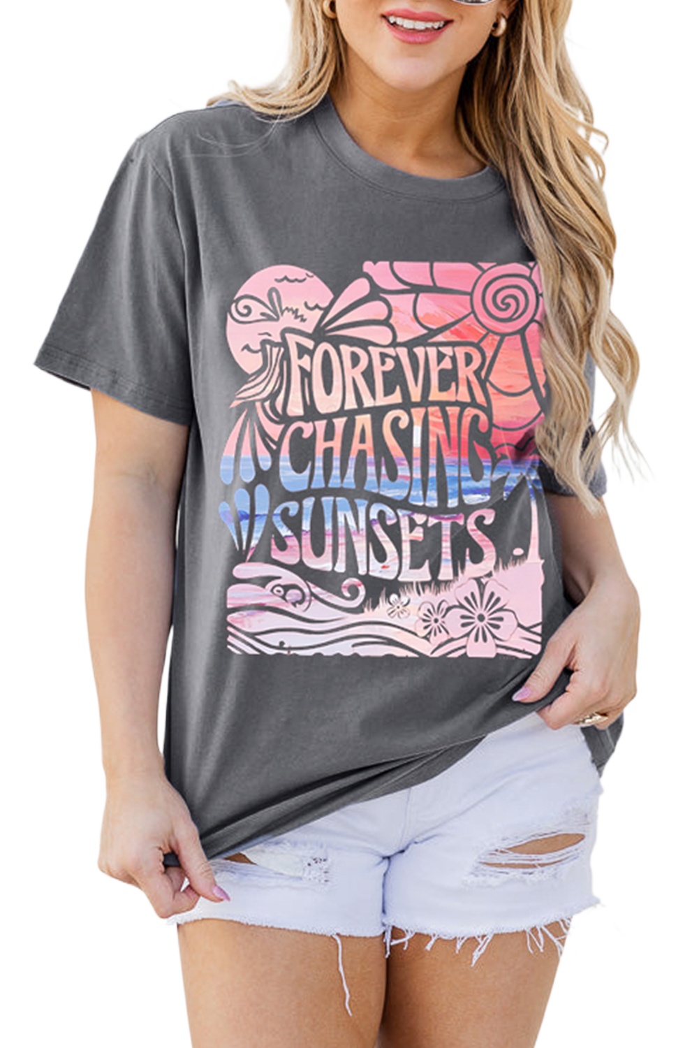 Women's Gray 'FOREVER CHASING SUNSETS' Graphic Summer T-Shirt - Main View