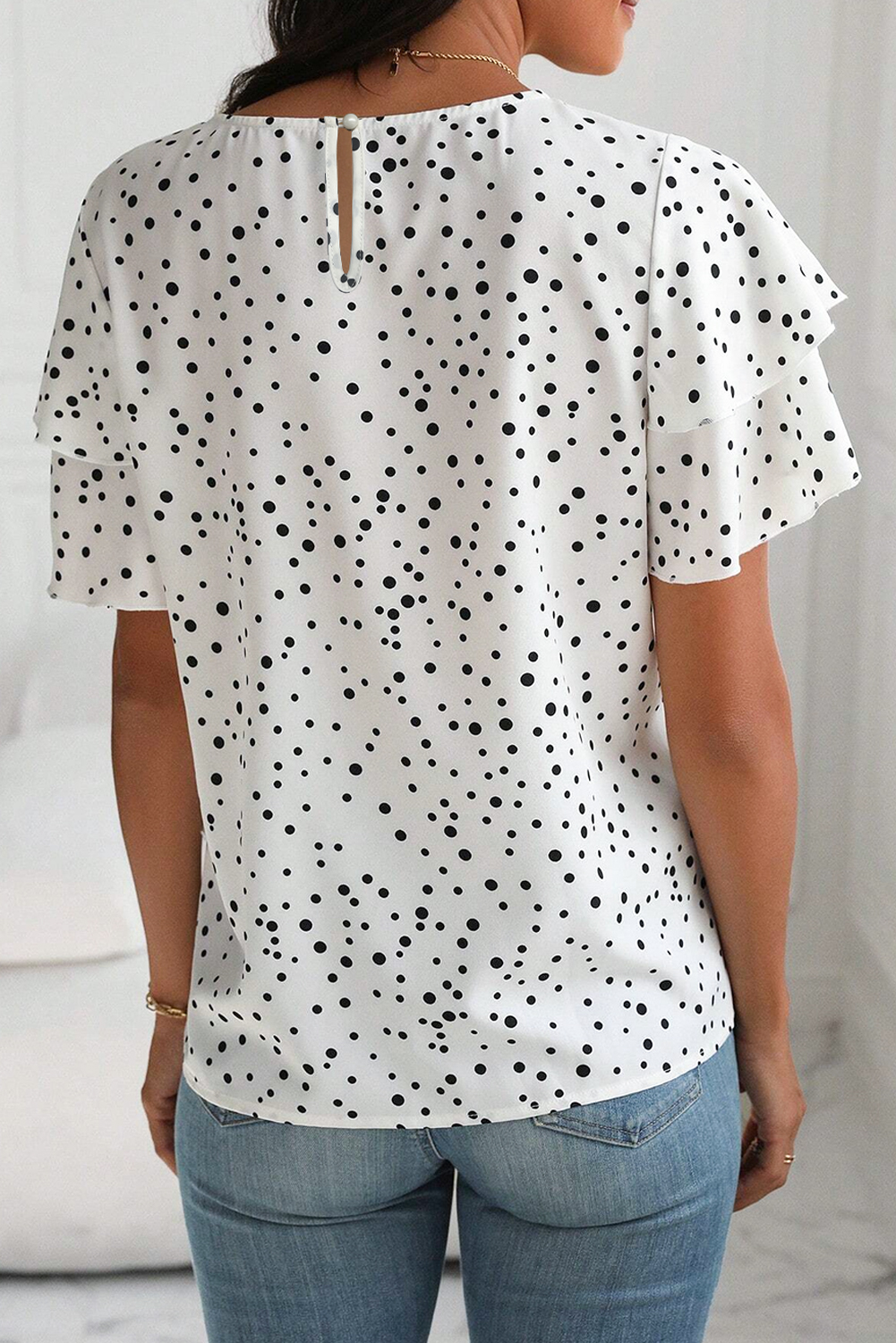 Trendy Women's Blouse with Dalmatian Print and Layered Ruffled Sleeves - Detail View 2