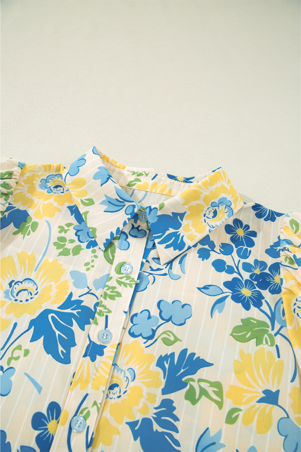 Women's Blouse, Blue Floral, Striped Print, Puff Short Sleeve, Casual Wear, Elegant Design, Summer Fashion, Comfortable, Daily Occasions, Half Sleeve, Collared Neck, Lightweight, Versatile Top, Charming Style - Detail View 12