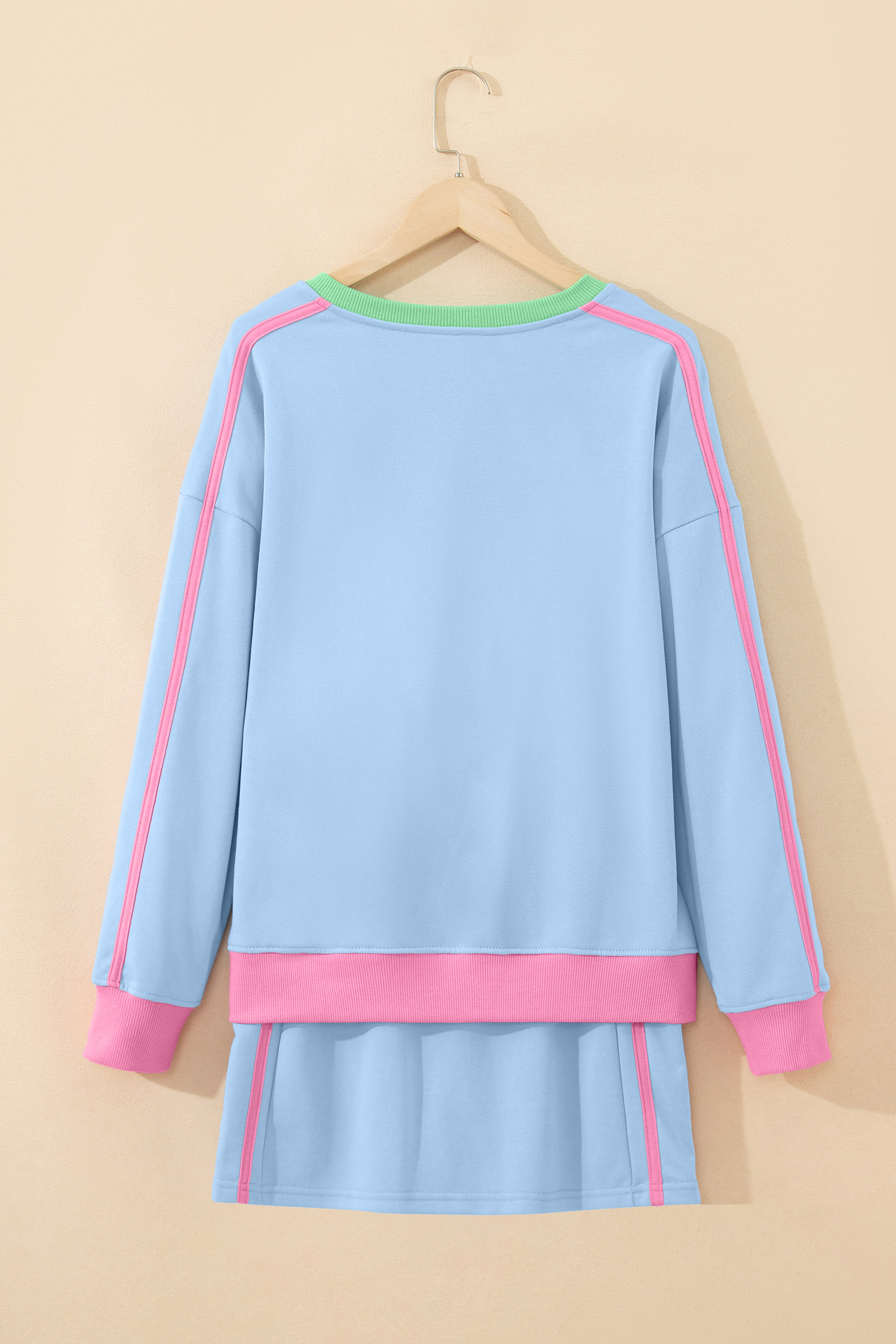 Trendy Women's 2-Piece Skort Set – Sky Blue Patchwork Pullover & High Waist Mini Skort for Athleisure Style - Detail View 6