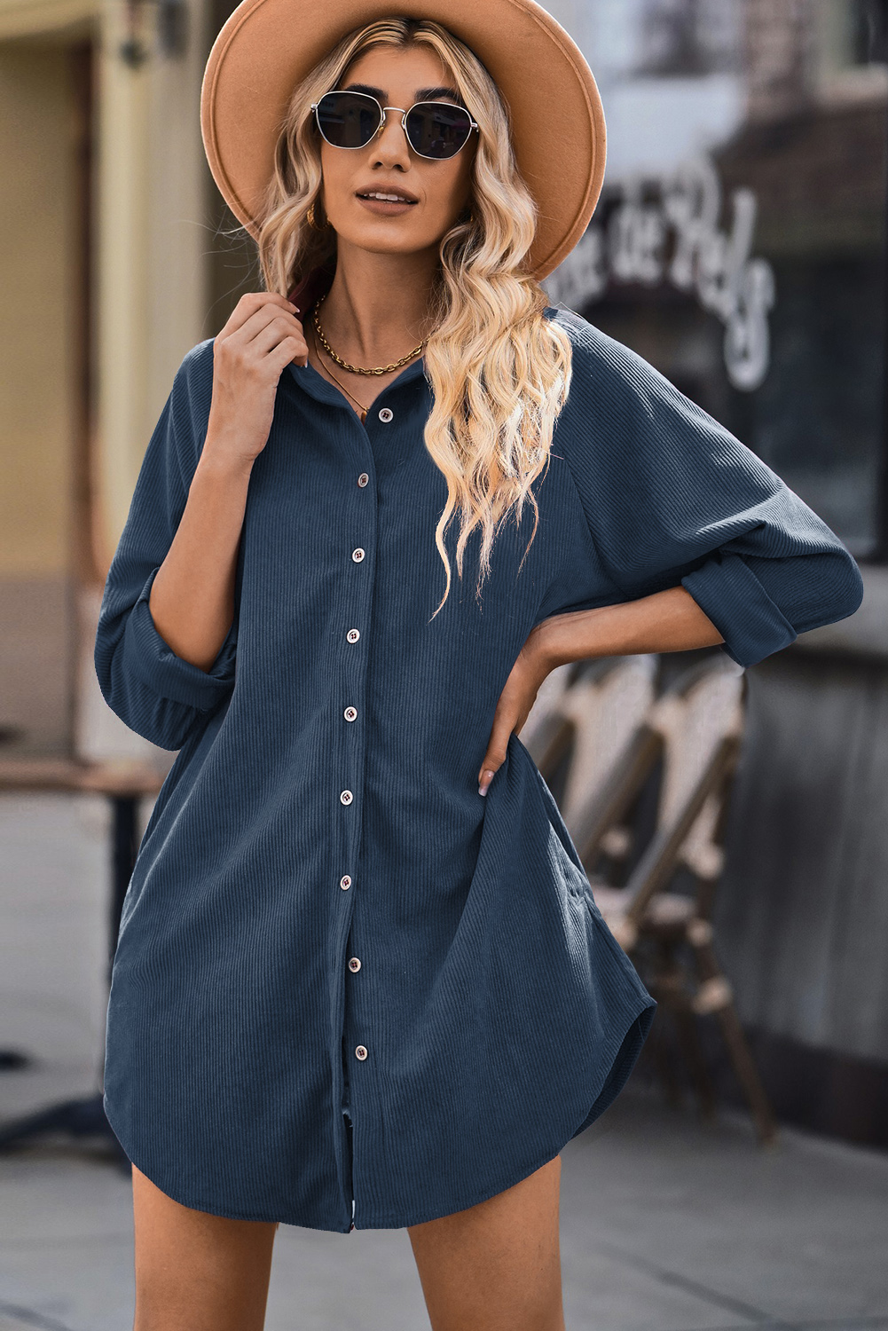 Women's Blue Corduroy Shirt Style Full Button Long Sleeve Mini Dress - Detail View 5